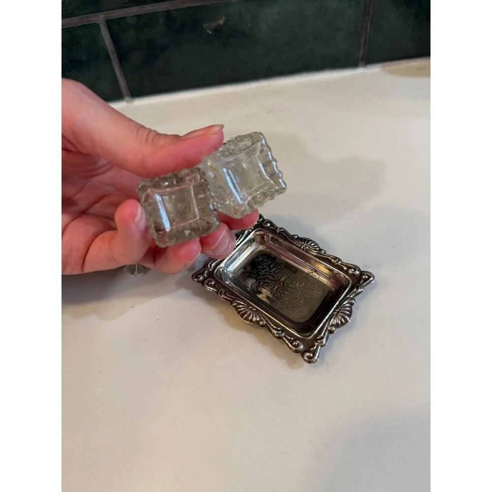 Vintage Mini Glass & Silver Plated Salt & Pepper Shaker With Tray
